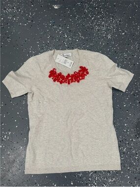 CAbi Short-Sleeve Cream Sweater with Red Bead Neckline